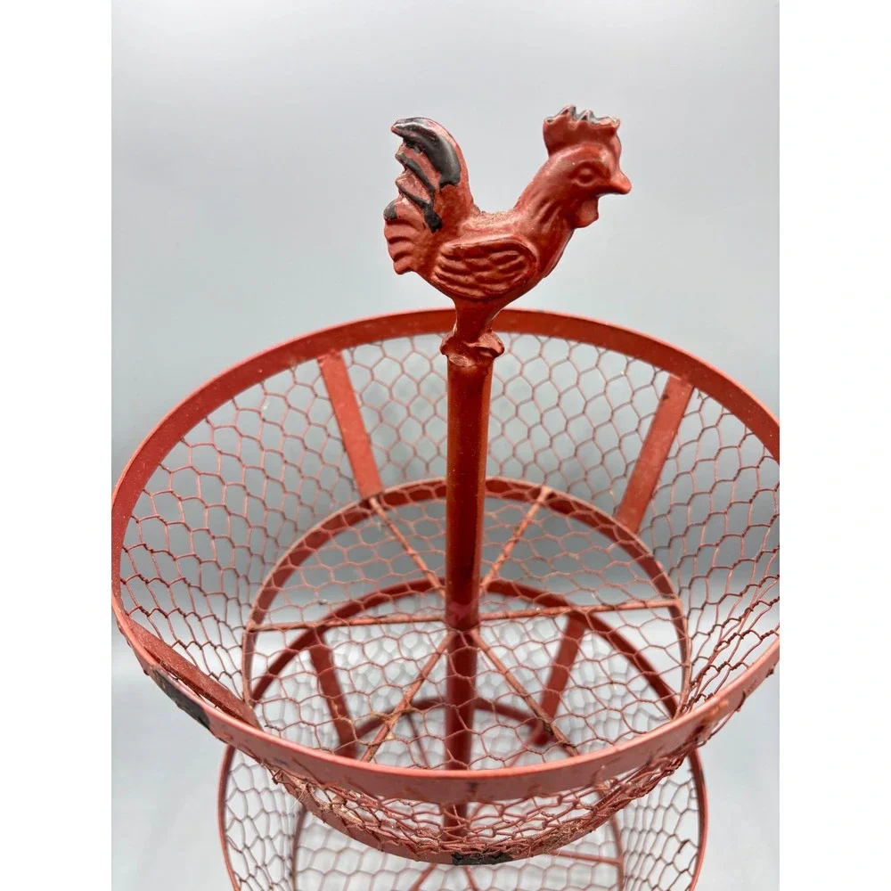 Vintage Red Metal Rooster 2 Tier Chicken Wire Basket Farmhouse Fruit Stand 14.5